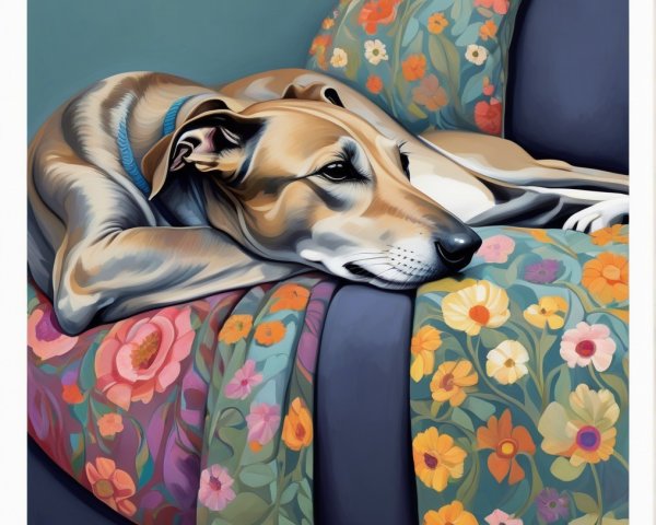 Greyhound on Colorful Couch with Floral Blanket