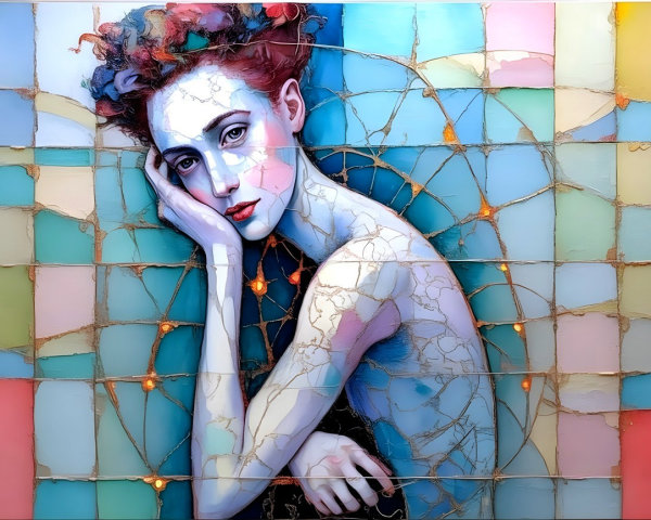 Portrait of a girl with red curls and geometric background