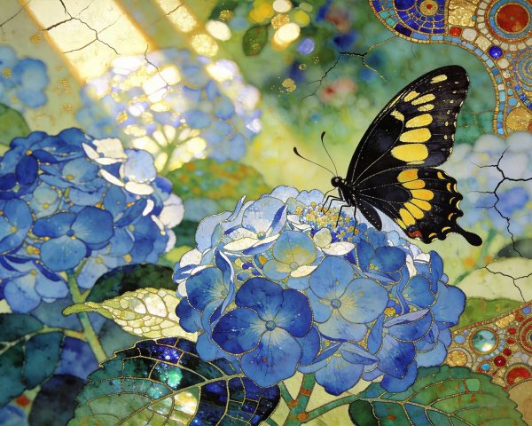 Impressionistic Painting of Blue Hydrangea and Butterfly
