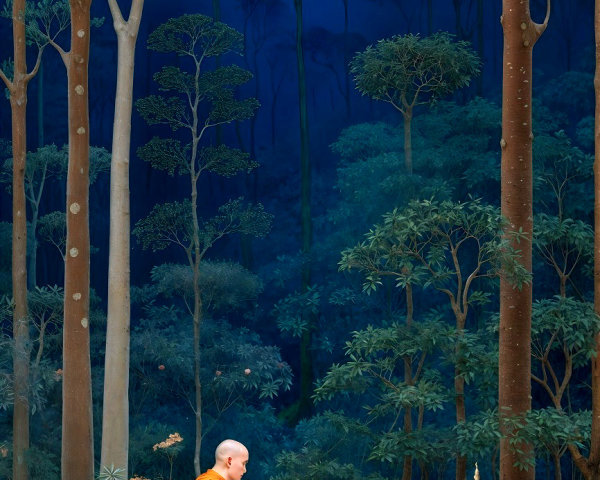 Monk Reading in Forest at Twilight with Lush Surroundings