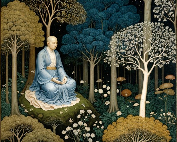 Whimsical Forest Scene with Monk Meditating on Rock