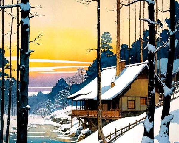 Winter Landscape with Wooden House and River Scene