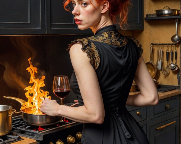 Woman with red hair in modern kitchen setting