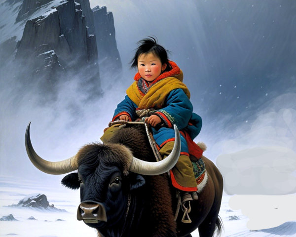 Child Riding a Yak in a Snowy Mountain Landscape