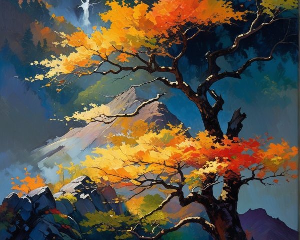Autumn Landscape with Majestic Tree and Waterfall