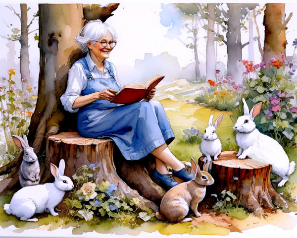 Elderly Woman Reading on Tree Stump Surrounded by Nature