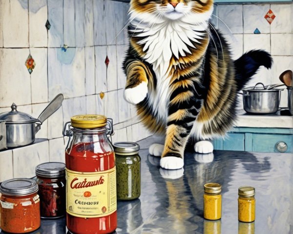 Tabby Cat on Kitchen Counter with Spices and Sauces