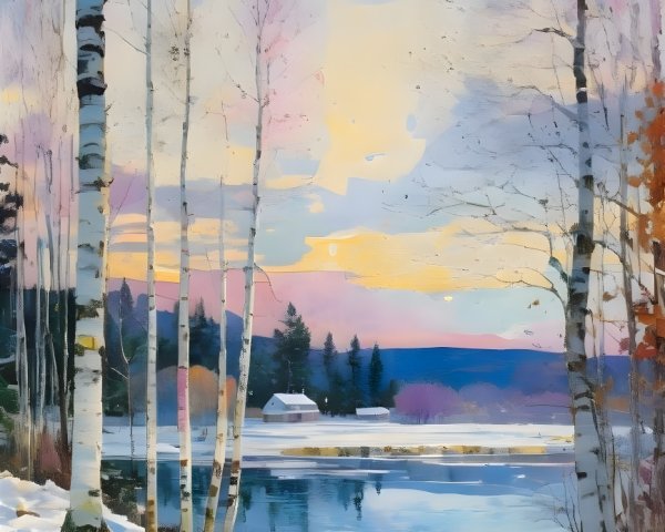 Serene Winter Landscape with Birch Trees and Sunset