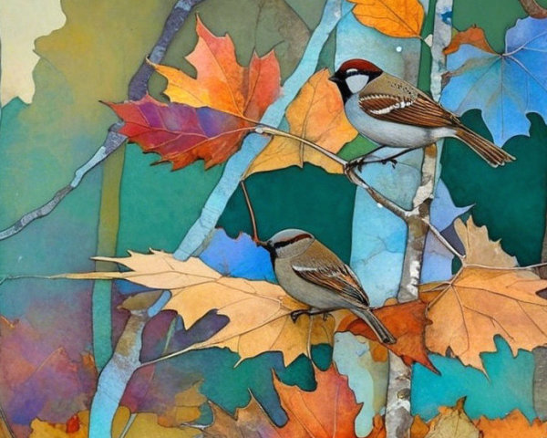 Small Birds on Vibrant Autumn Leaves in Nature Scene