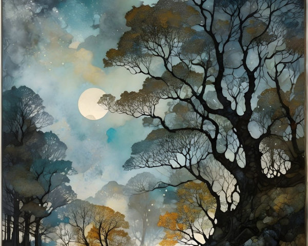 Tranquil Night Landscape with Towering Trees and Moonlight