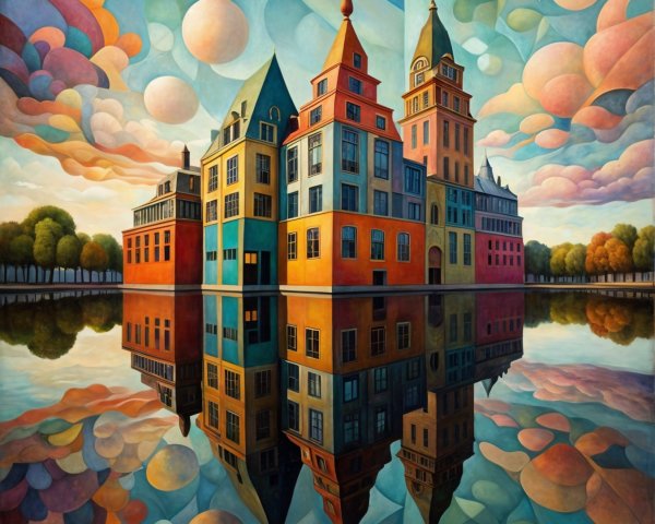 Vibrant Abstract Landscape with Whimsical Castle Reflection