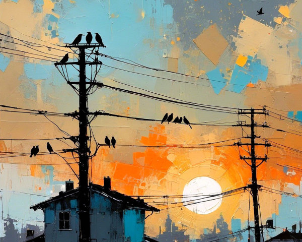 Vibrant Sunset with Utility Poles and Silhouetted House