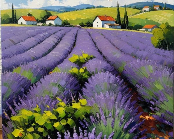 Lavender Fields Under Blue Sky with Rolling Hills