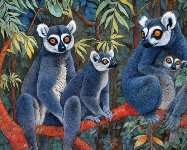 Lemurs on Red Branch in Lush Jungle Environment