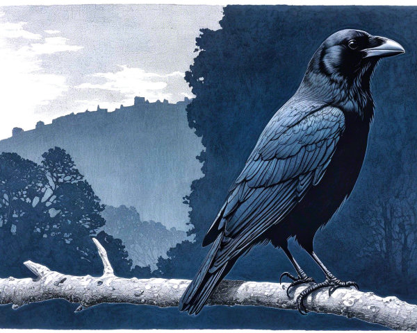 Illustration of a raven on a branch in misty landscape