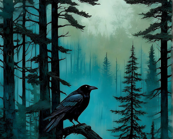 Misty Forest with Tall Trees and a Raven Silhouette