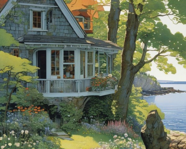 Coastal Cottage with Wraparound Porch and Lush Greenery