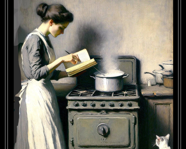 Woman in period attire cooking in a vintage kitchen