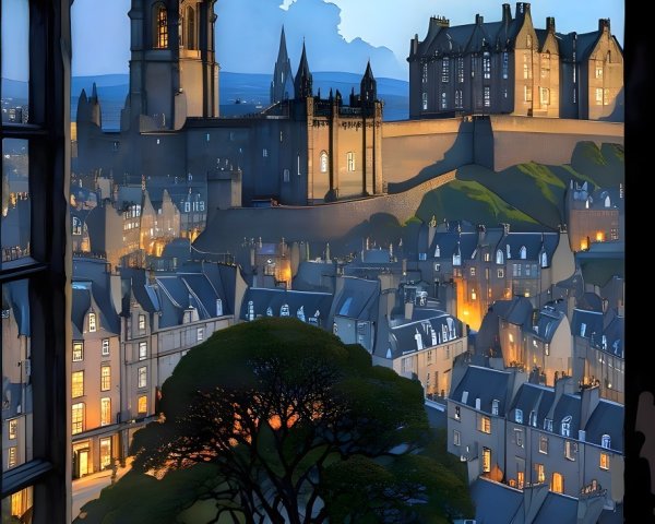Twilight Cityscape with Historic Architecture and Castle