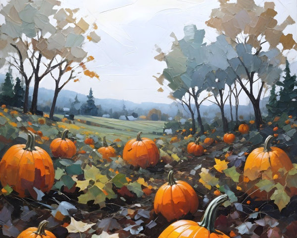 Serene Pumpkin Patch on a Cloudy Autumn Day