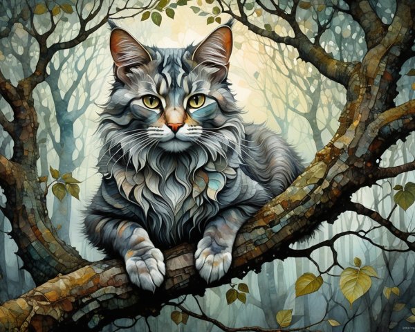 Gray Feline on Tree Branch in Ethereal Forest
