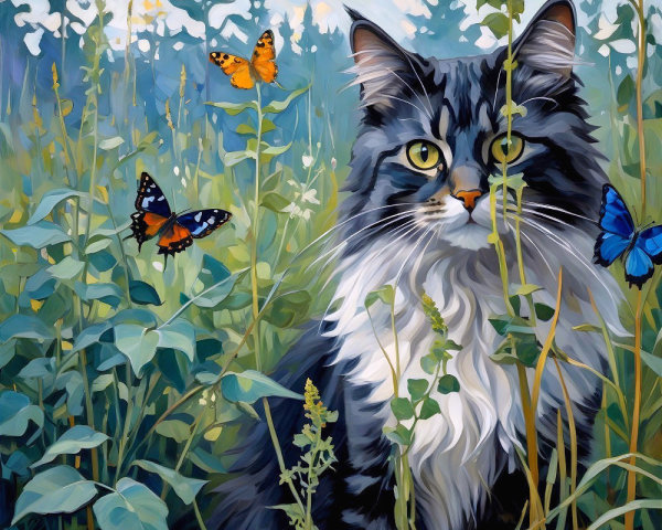 Oil Painting of a Tabby Cat Amongst Green Leaves