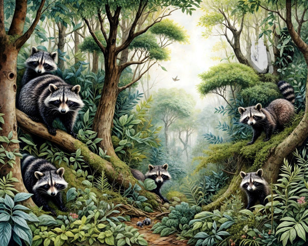 Five Raccoons Exploring a Dense Forest Habitat