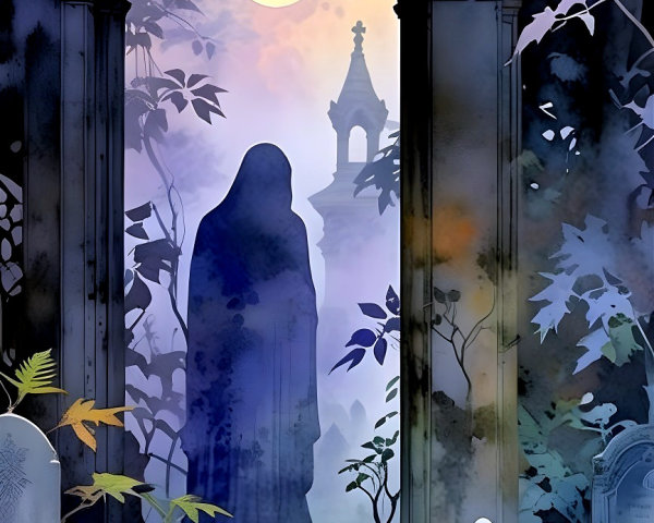 Misty Graveyard Scene with Cloaked Figure and Moonlight