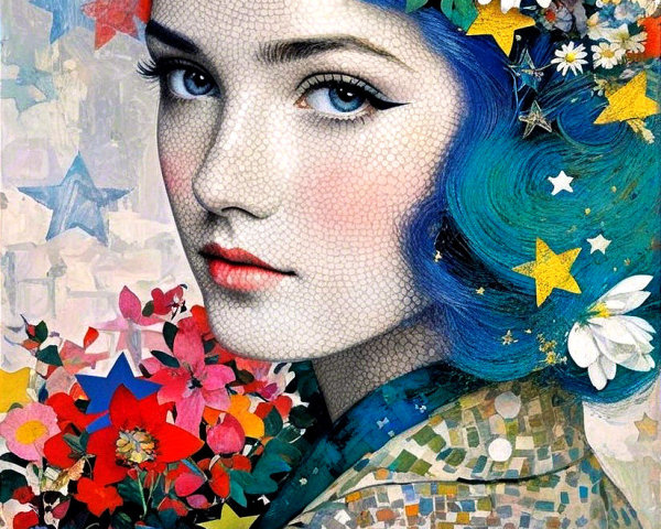 Young woman with blue hair and floral decorations