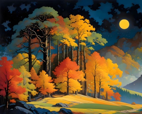 Serene Autumn Forest Night Scene with Full Moon