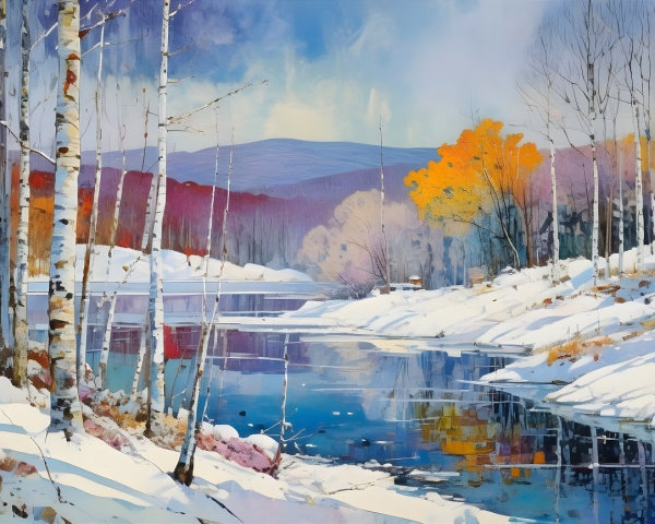 Winter Landscape with River and Autumn Trees