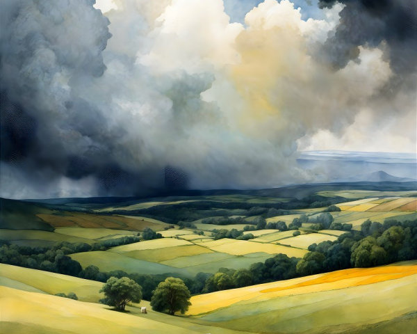 Serene Landscape with Rolling Hills and Grazing Sheep