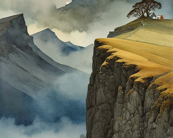 Dramatic Misty Mountains and Serene Ocean View