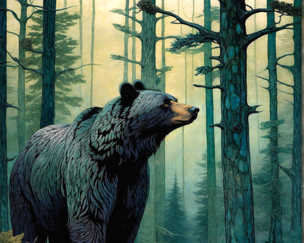 Majestic bear in a lush forest with misty backdrop