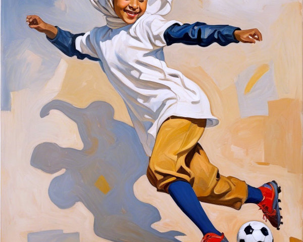 Girl in white hijab playing soccer in vibrant attire