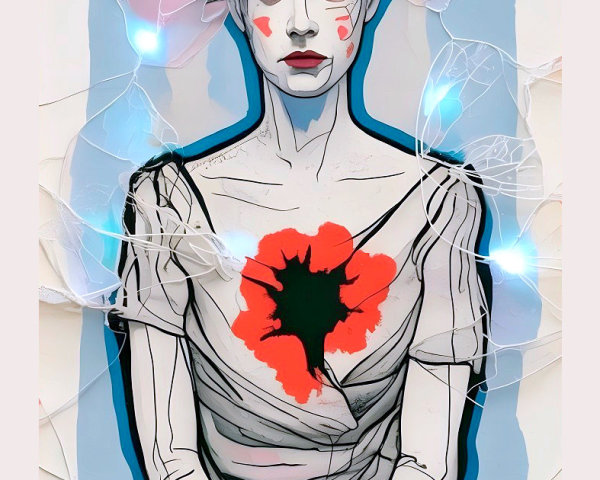 Stylized Figure with Heart Wound and Floral Elements