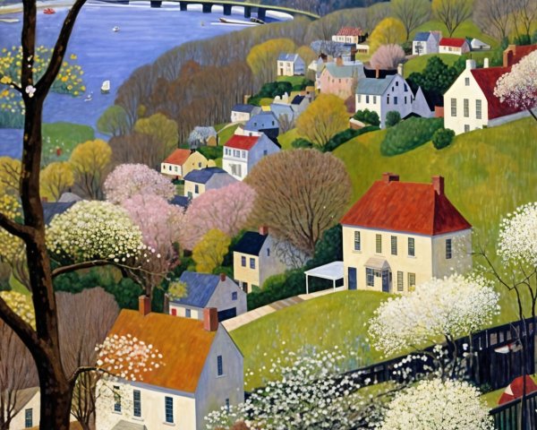 Vibrant Landscape of a Serene Village by a River