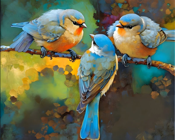 Vibrant Birds on Branch with Colorful Background