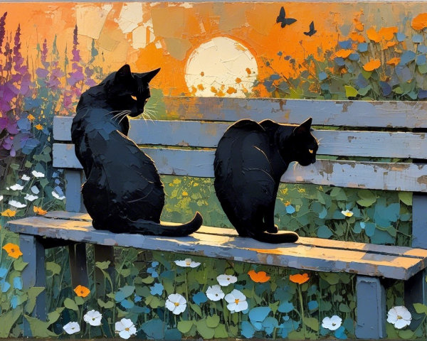 Black Cats on a Bench at Vibrant Sunset with Flowers