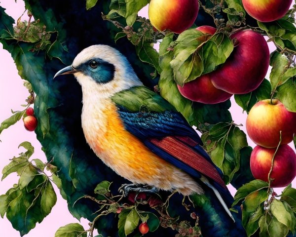 Colorful Bird on Branch with Red Apples and Foliage