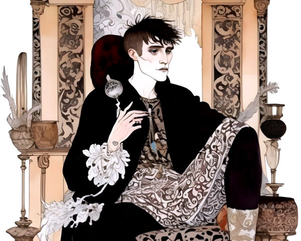 Gothic Figure on Ornate Throne with Ethereal Background
