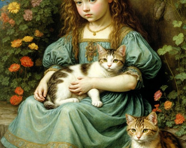 Young girl with cats in a vibrant garden setting