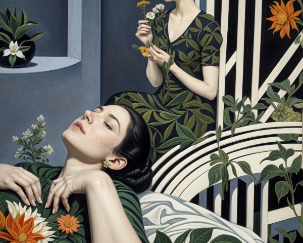Serene Artwork of Two Women Among Lush Botanicals