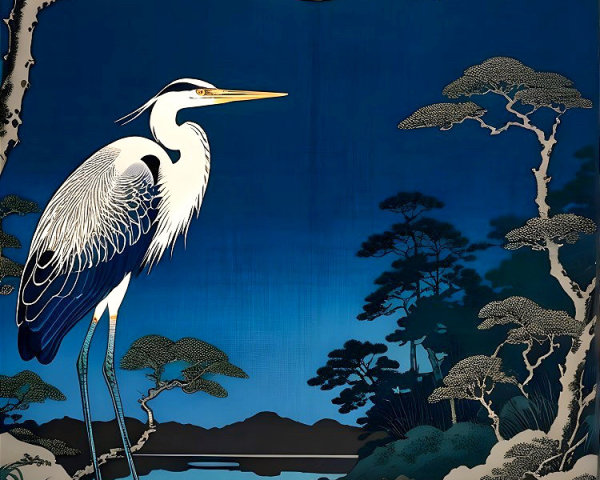 Heron by Riverbank Under Full Moonlight Scene