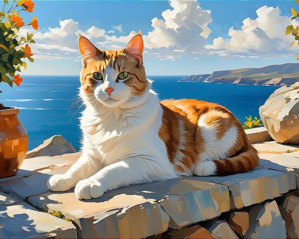 Fluffy Cat on Stone Wall by Vibrant Blue Sea
