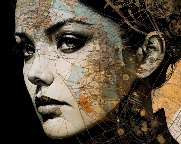Portrait of a Woman Merged with Maps and Geometric Lines