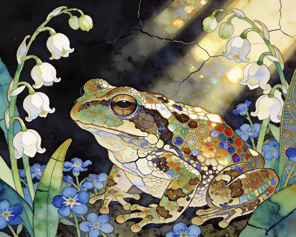 Detailed Watercolor of Frog with Floral Surroundings