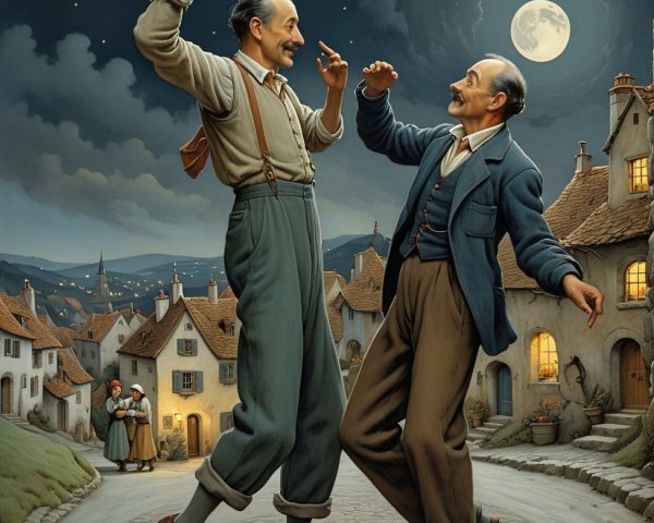 Joyful Dance of Men in Vintage Attire at Night