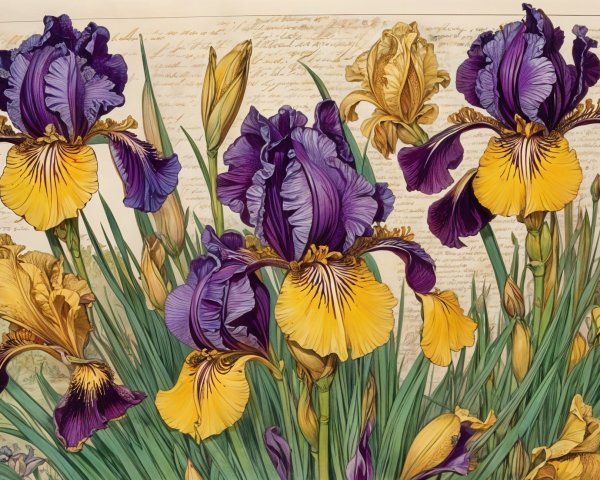 Vibrant Irises in Purple and Yellow on Handwritten Background
