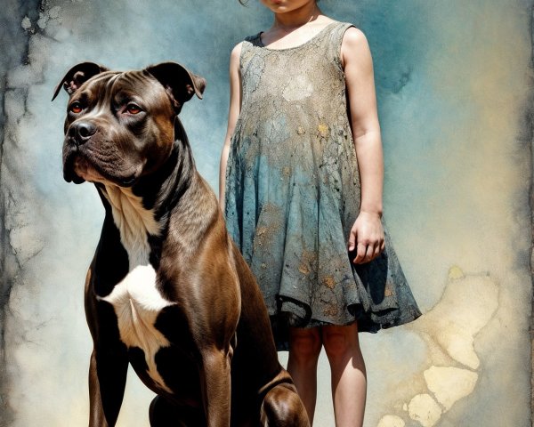 Young girl with curly hair and large dog in background